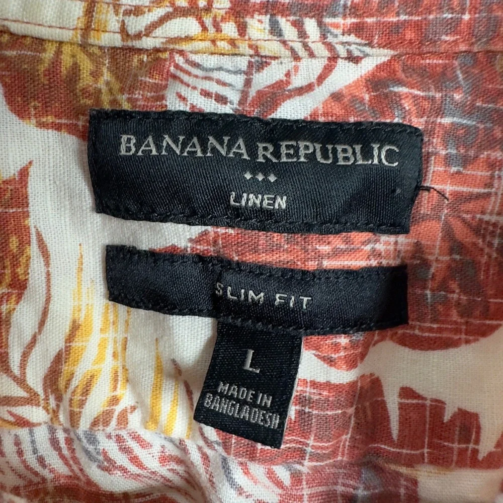 Banana Republic Shirt Mens L Brown Linen Blend Leaf Slim Short‎ Sleeve Tropical